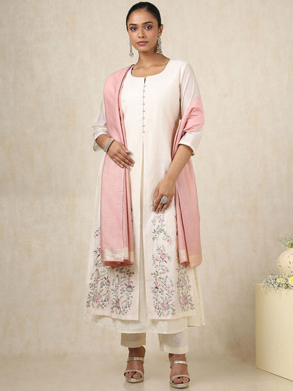 Dhiyona SO Women's Alina Cut Floral Embroidered Thread Work Round Neck Chanderi Silk Kurta With Trousers & Dupatta