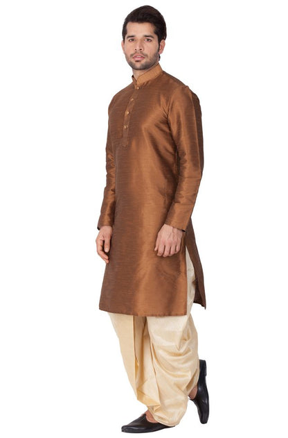 Men's Brown Silk Blend Straight Kurta and Dhoti Set