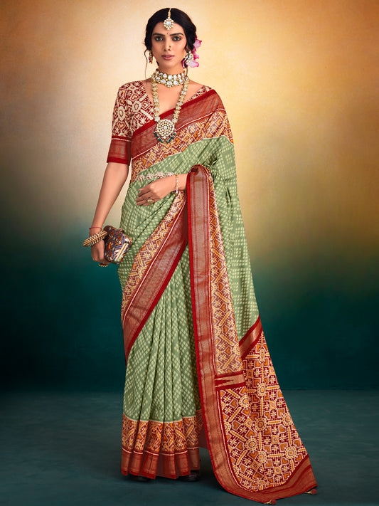 Women's Dola Silk Sea Green Printed Designer Saree With Blouse Piece