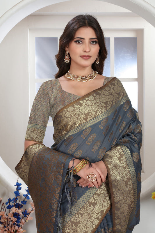 Dhiyona GR Women's Grey Zari Woven Design Chanderi Cotton Saree