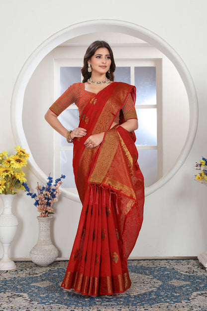 Dhiyona GR Women's Red Zari Woven Design Chanderi Cotton Saree