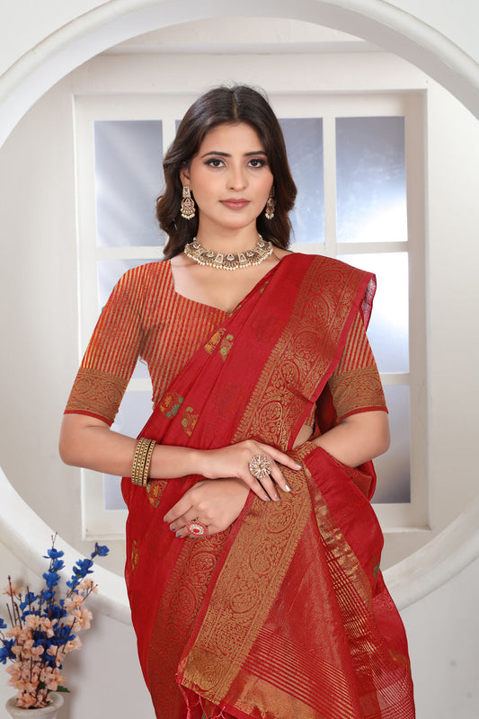 Dhiyona GR Women's Red Zari Woven Design Chanderi Cotton Saree