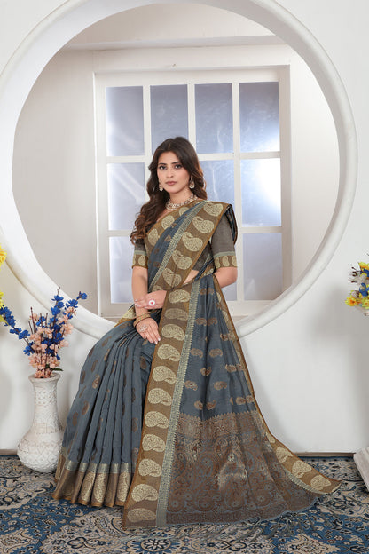 Dhiyona GR Women's Grey Zari Woven Design Chanderi Cotton Saree