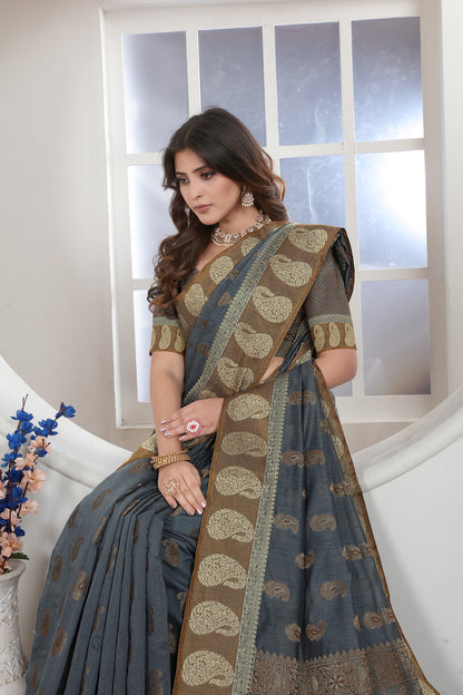 Dhiyona GR Women's Grey Zari Woven Design Chanderi Cotton Saree