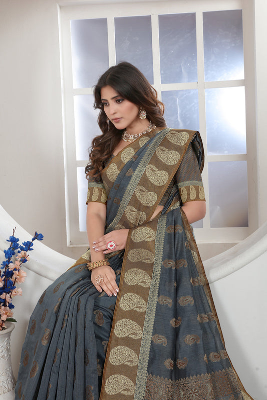 Dhiyona GR Women's Grey Zari Woven Design Chanderi Cotton Saree