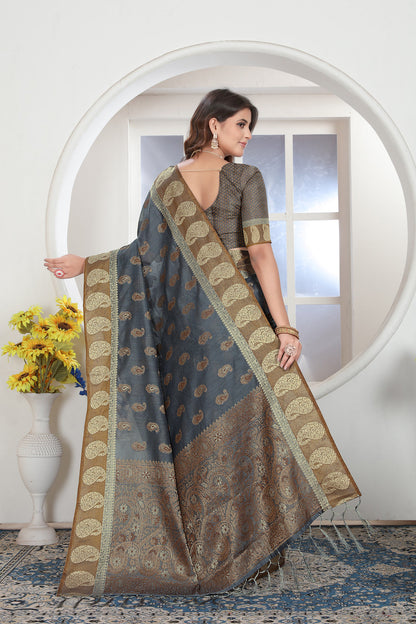 Dhiyona GR Women's Grey Zari Woven Design Chanderi Cotton Saree