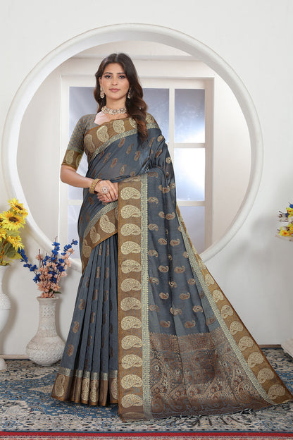 Dhiyona GR Women's Grey Zari Woven Design Chanderi Cotton Saree
