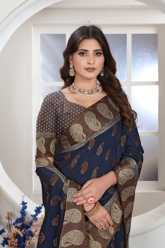 Dhiyona GR Women's Navy Blue Zari Woven Design Chanderi Cotton Saree
