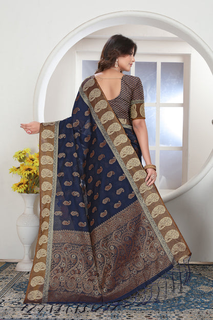 Dhiyona GR Women's Navy Blue Zari Woven Design Chanderi Cotton Saree