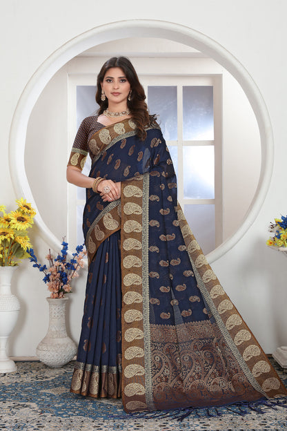 Dhiyona GR Women's Navy Blue Zari Woven Design Chanderi Cotton Saree