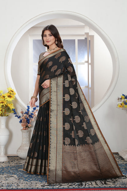 Dhiyona GR Women's Black Zari Woven Design Chanderi Cotton Saree