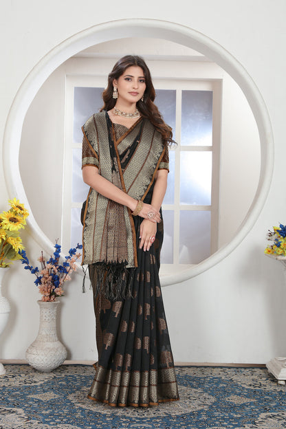 Dhiyona GR Women's Black Zari Woven Design Chanderi Cotton Saree