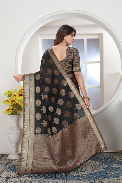 Dhiyona GR Women's Black Zari Woven Design Chanderi Cotton Saree