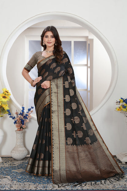 Dhiyona GR Women's Black Zari Woven Design Chanderi Cotton Saree