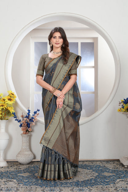 Dhiyona GR Women's Grey Zari Woven Design Chanderi Cotton Saree