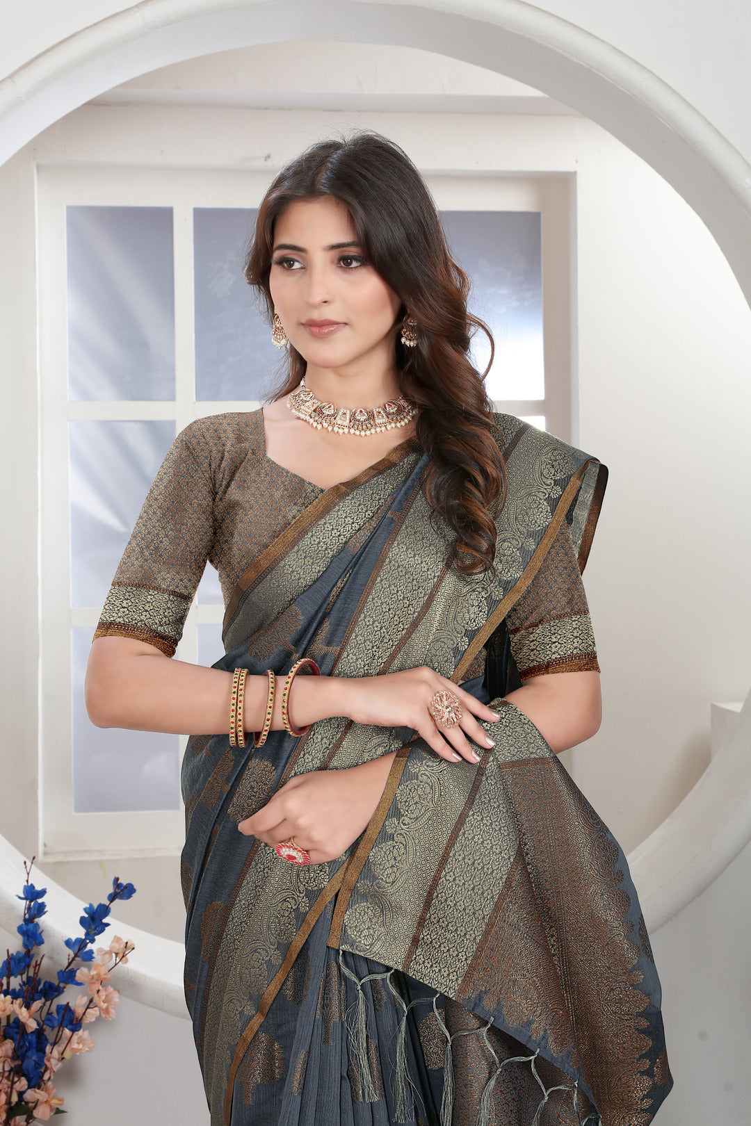 Dhiyona GR Women's Grey Zari Woven Design Chanderi Cotton Saree
