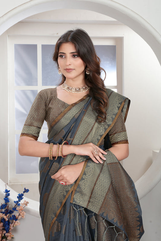 Dhiyona GR Women's Grey Zari Woven Design Chanderi Cotton Saree