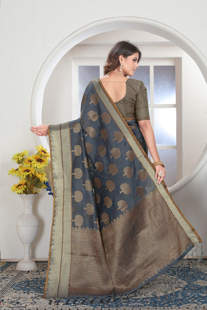 Dhiyona GR Women's Grey Zari Woven Design Chanderi Cotton Saree