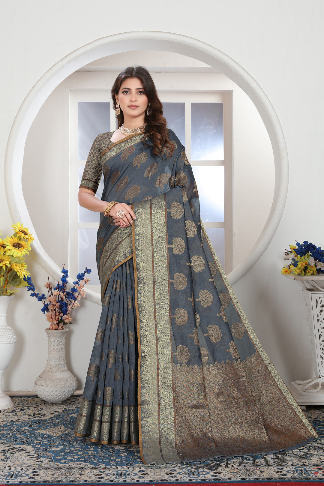 Dhiyona GR Women's Grey Zari Woven Design Chanderi Cotton Saree