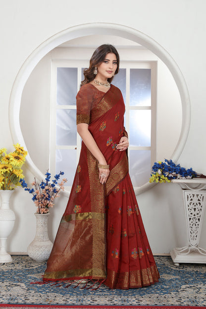 Dhiyona GR Women's Maroon Zari Woven Design Chanderi Cotton Saree