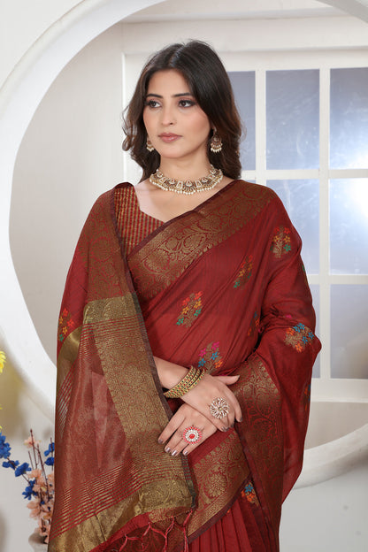 Dhiyona GR Women's Maroon Zari Woven Design Chanderi Cotton Saree