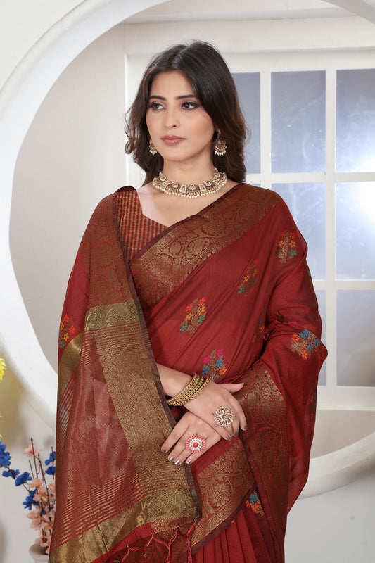 Dhiyona GR Women's Maroon Zari Woven Design Chanderi Cotton Saree