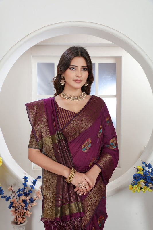 Dhiyona GR Women's Wine Zari Woven Design Chanderi Cotton Saree