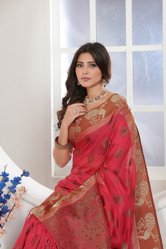 Dhiyona GR Women's Pink Zari Woven Design Chanderi Cotton Saree