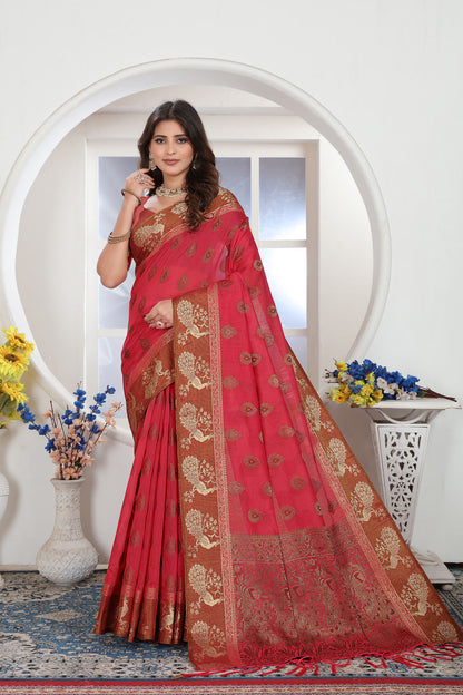 Dhiyona GR Women's Pink Zari Woven Design Chanderi Cotton Saree