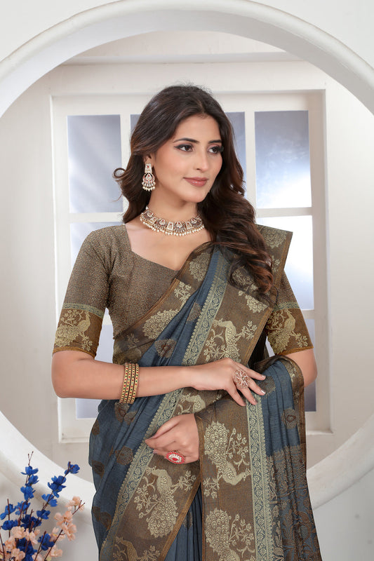 Dhiyona GR Women's Grey Zari Woven Design Chanderi Cotton Saree