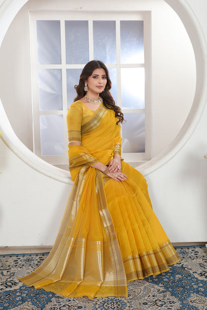 Dhiyona GR Women's Yellow Solid Zari Design Organza Saree