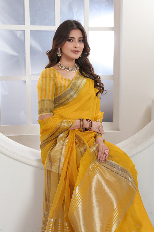 Dhiyona GR Women's Yellow Solid Zari Design Organza Saree