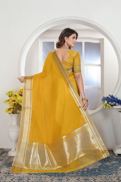 Dhiyona GR Women's Yellow Solid Zari Design Organza Saree