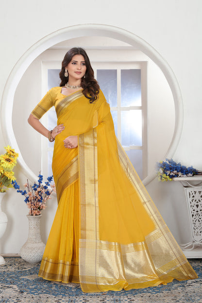 Dhiyona GR Women's Yellow Solid Zari Design Organza Saree