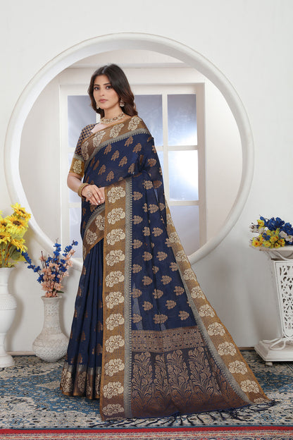 Dhiyona GR Women's Navy Blue Zari Woven Design Chanderi Cotton Saree