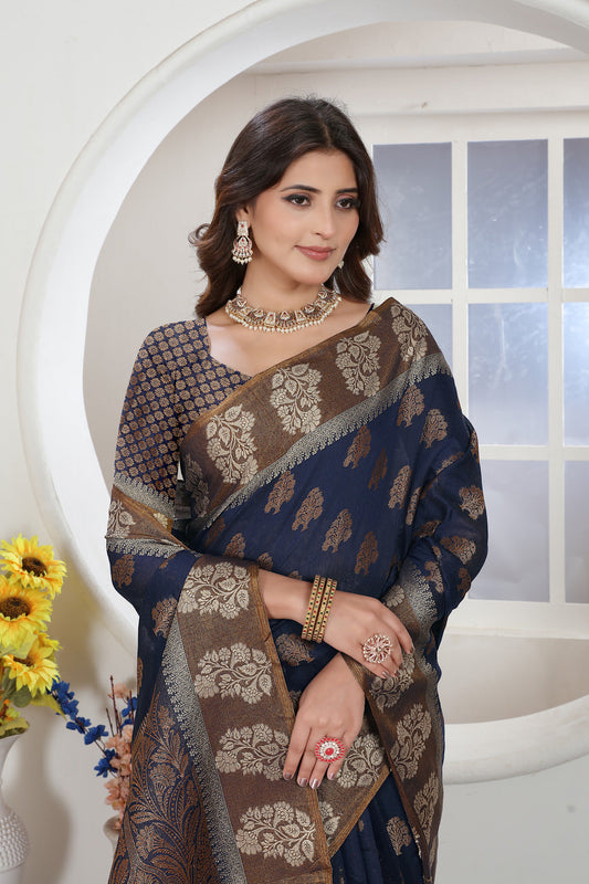 Dhiyona GR Women's Navy Blue Zari Woven Design Chanderi Cotton Saree