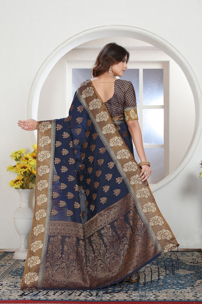 Dhiyona GR Women's Navy Blue Zari Woven Design Chanderi Cotton Saree