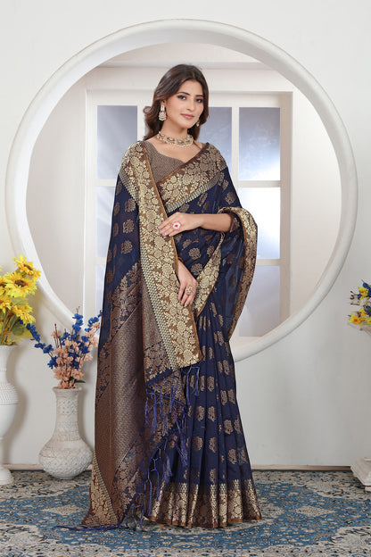 Dhiyona GR Women's Navy Blue Zari Woven Design Chanderi Cotton Saree
