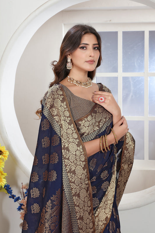 Dhiyona GR Women's Navy Blue Zari Woven Design Chanderi Cotton Saree