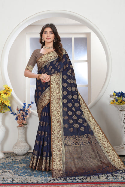 Dhiyona GR Women's Navy Blue Zari Woven Design Chanderi Cotton Saree