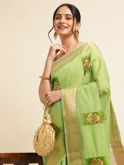 Dhiyona GR Women's Priya Pista Green Cotton Linen Saree