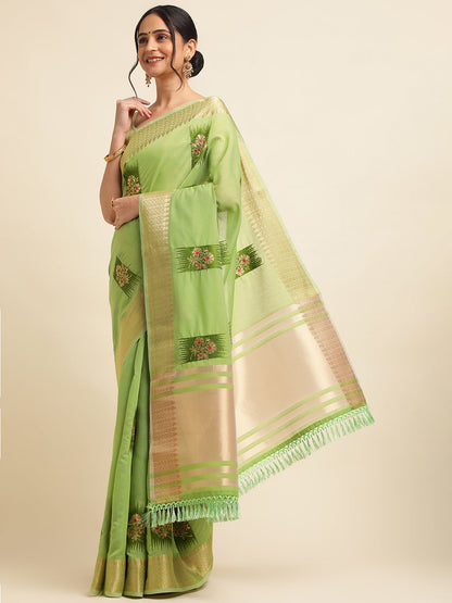 Dhiyona GR Women's Priya Pista Green Cotton Linen Saree