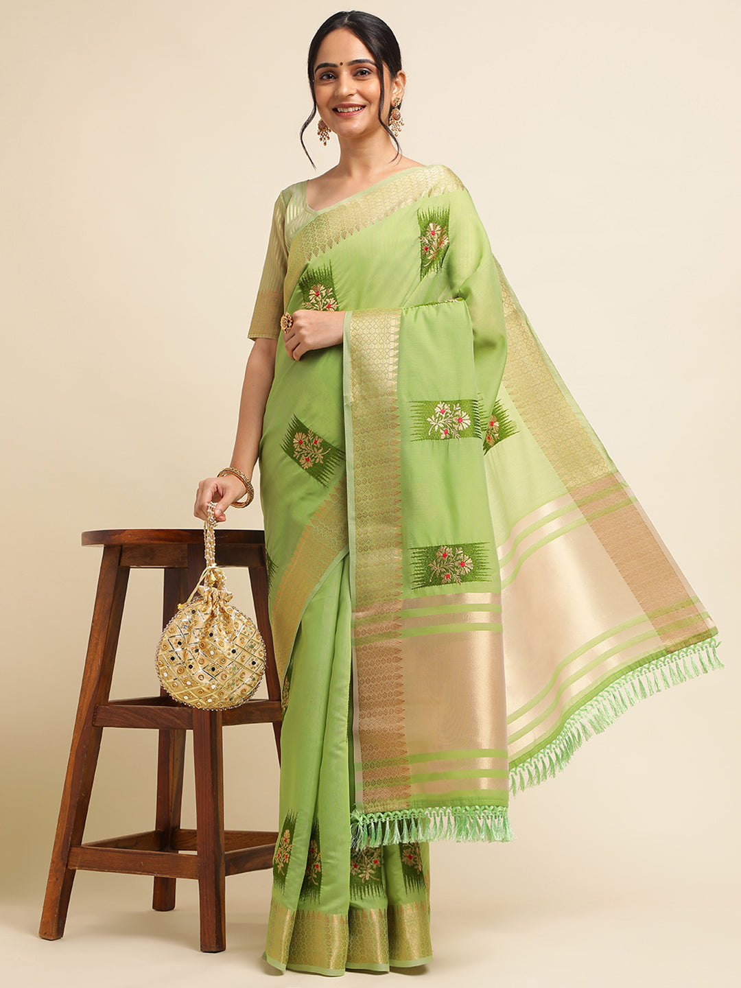 Dhiyona GR Women's Priya Pista Green Cotton Linen Saree