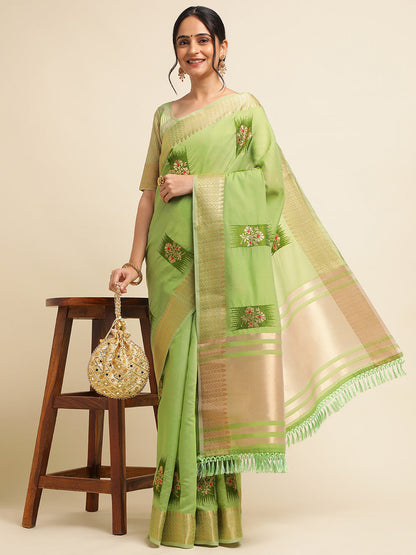 Dhiyona GR Women's Priya Pista Green Cotton Linen Saree