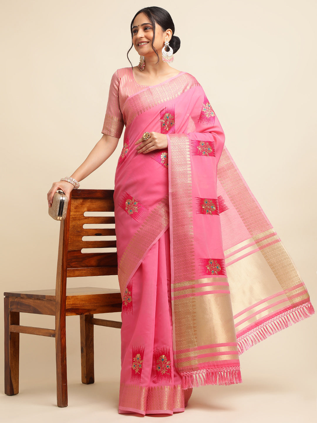 Dhiyona GR Women's Priya Rose Pink Cotton Linen Saree