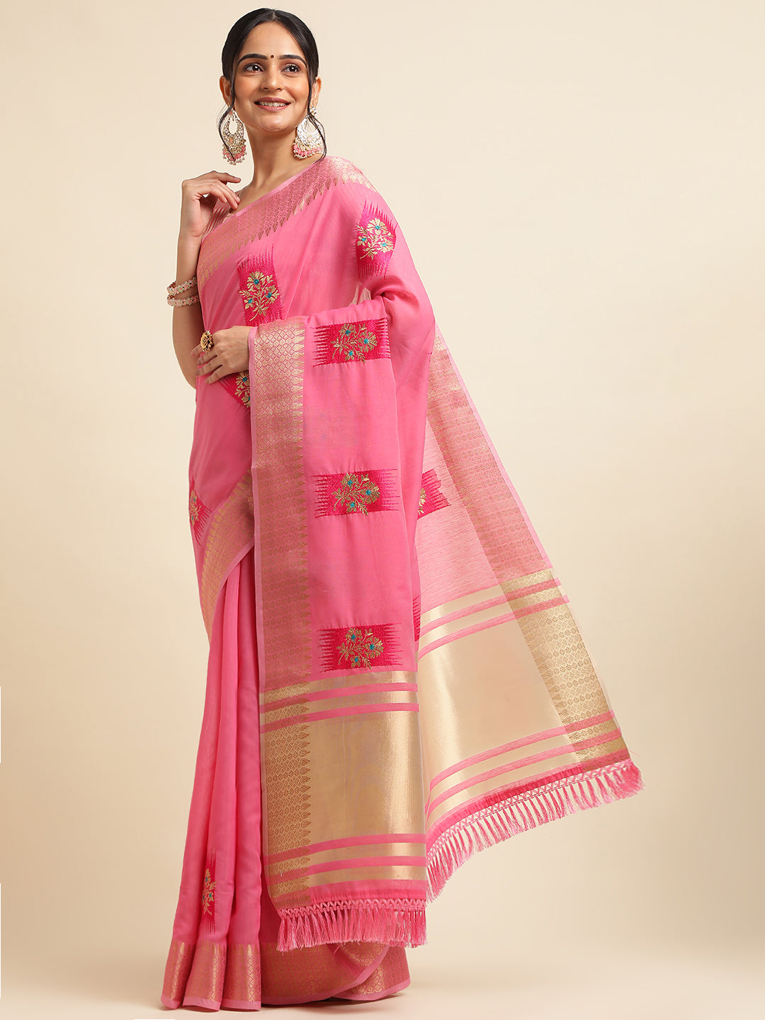 Dhiyona GR Women's Priya Rose Pink Cotton Linen Saree
