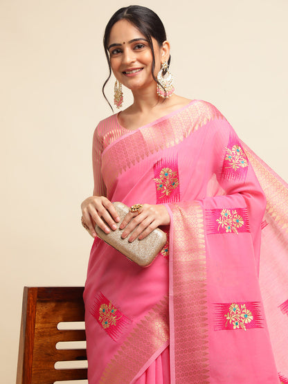 Dhiyona GR Women's Priya Rose Pink Cotton Linen Saree