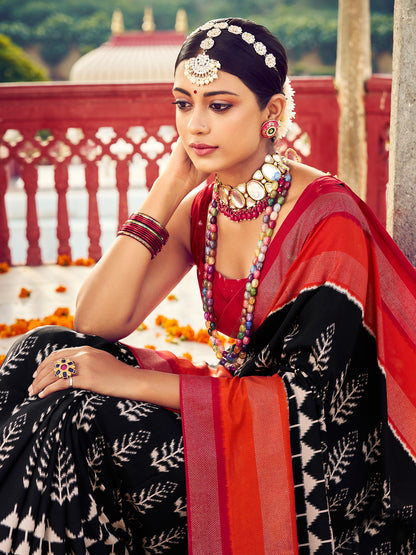 Women's Tussar Silk Black Woven Design Designer Saree With Blouse Piece