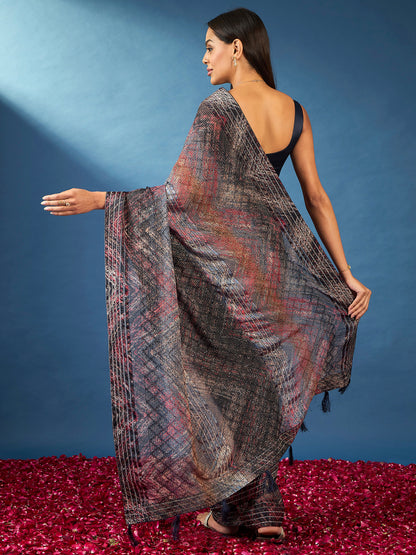 Women's Georgette Black Embellished Designer Saree With Blouse Piece