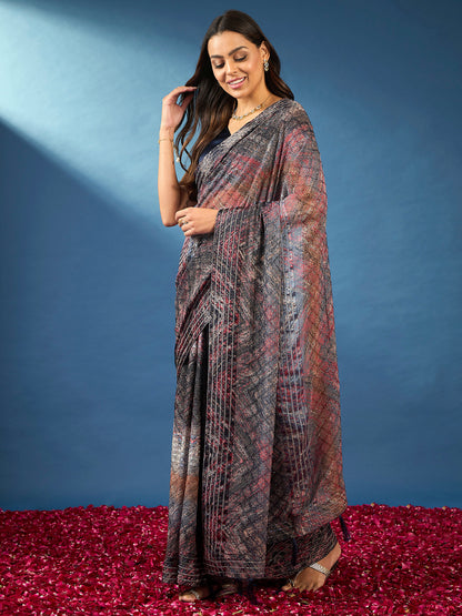 Women's Georgette Black Embellished Designer Saree With Blouse Piece